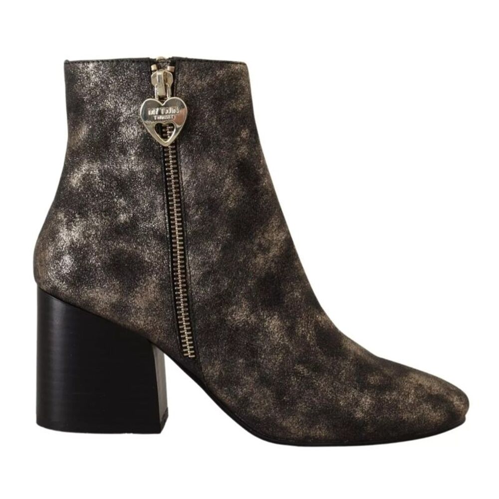 MY TWIN Black Leather Block Heels Ankle Boots Zipper Women's Shoes